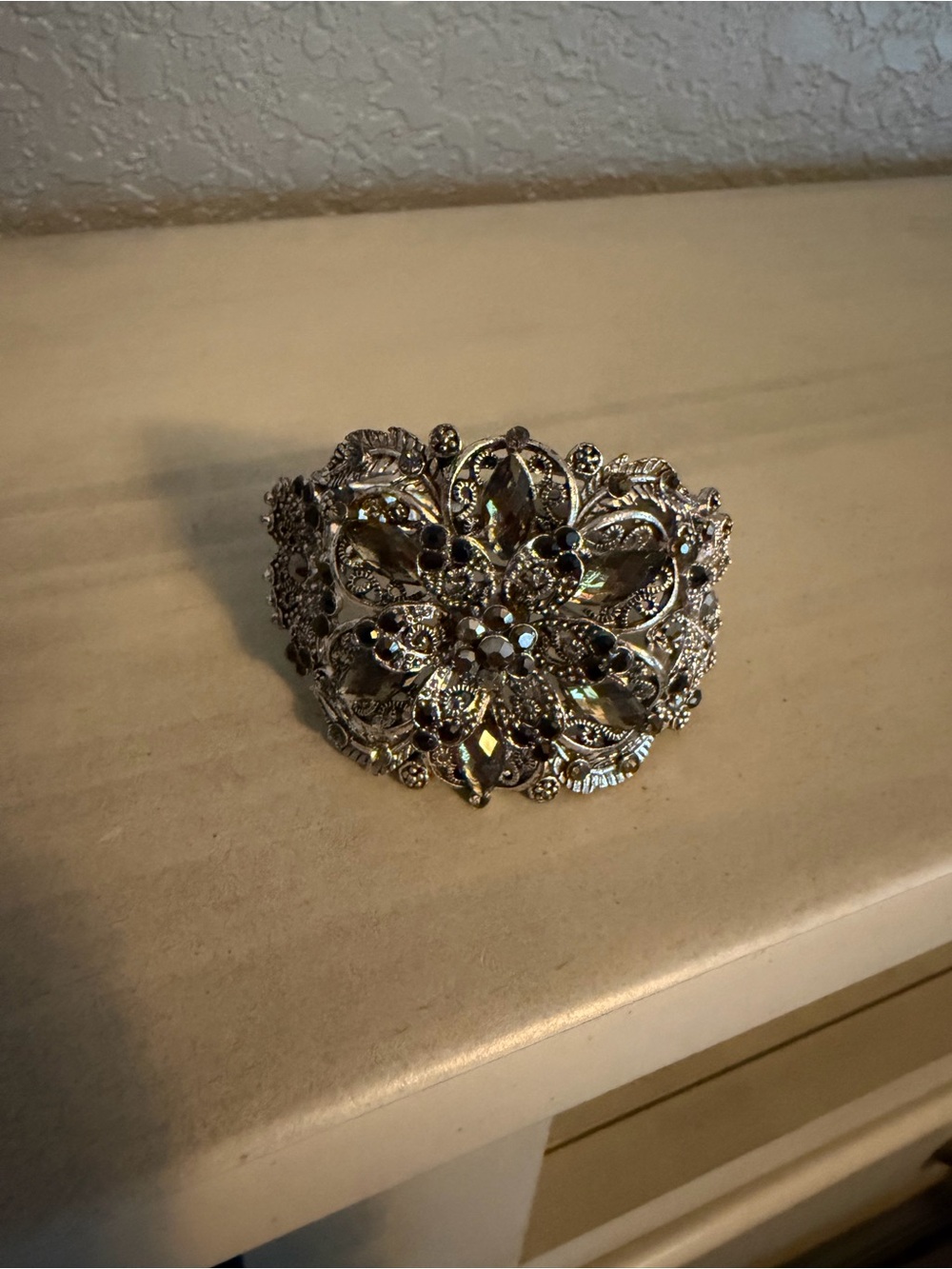 Vintage-Inspired Silver Floral Crystal Cuff Bracelet